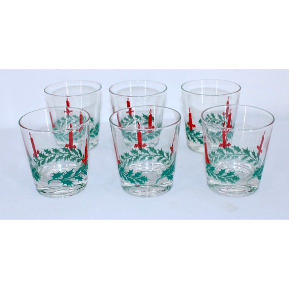 Set of 6 Vintage Christmas Glasses Holly Candle Design - Picture 2 of 4